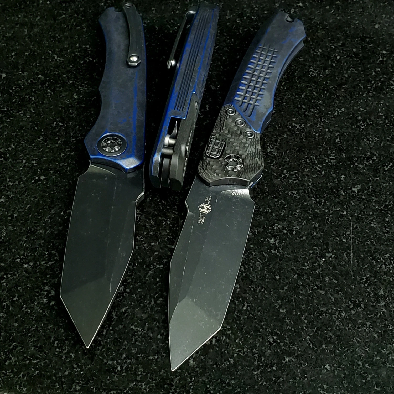 Heretic Knives Wraith Auto Battleworn Black Tanto W/ Carbon Fiber Bolster & Breakthrough Blue Handle DLC H100-8A-BRKBLU 13 Heretic Knives Wraith Auto Battleworn Black Tanto W/ Carbon Fiber Bolster & Breakthrough Blue Handle DLC H100-8A-BRKBLU - Image 13
