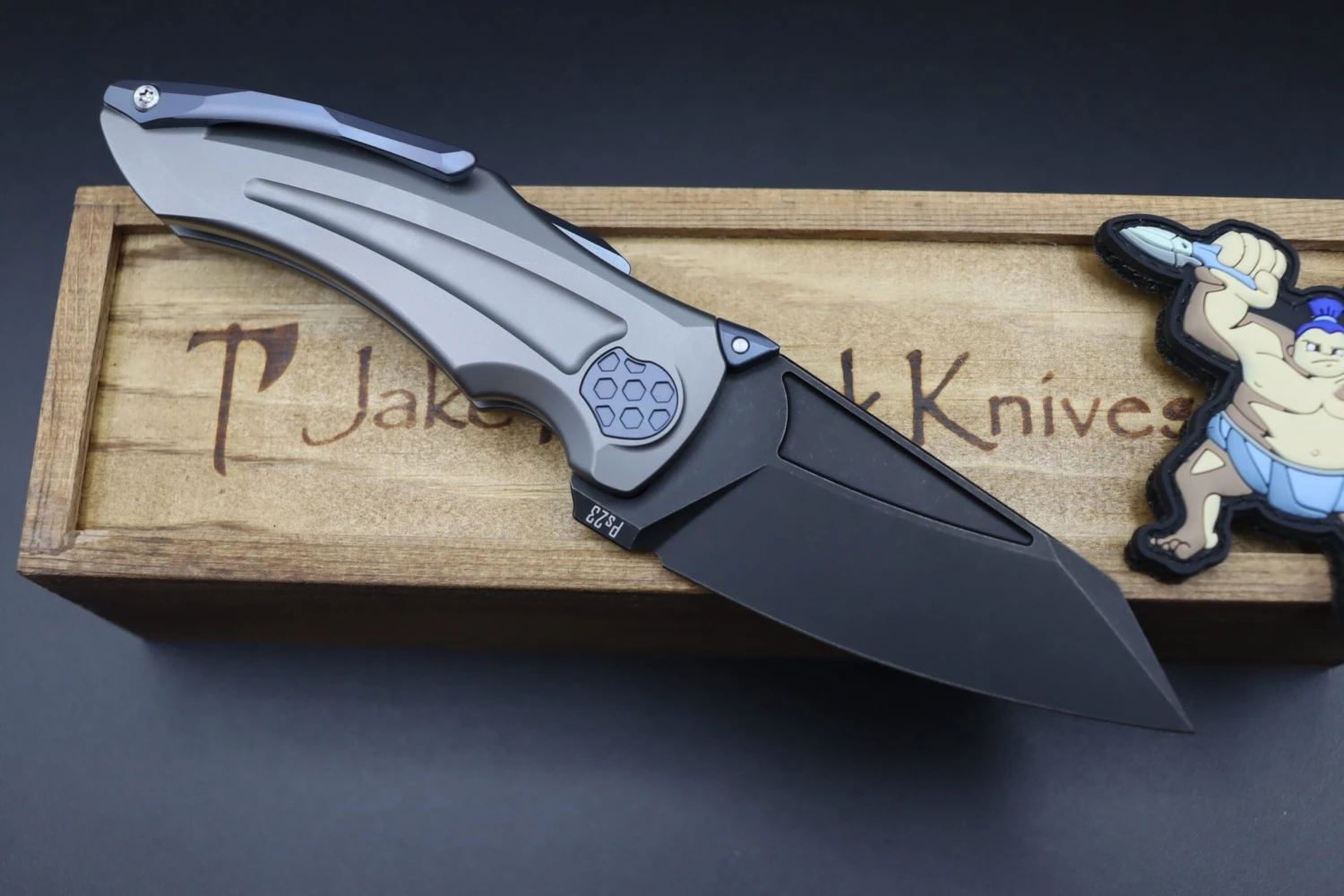 Jake Hoback Knives Sumo Light Gray Sandblast Handle & DLC Black Blade With Blue Anodized Accents 3 Jake Hoback Knives Sumo Light Gray Sandblast Handle & DLC Black Blade With Blue Anodized Accents - Image 3