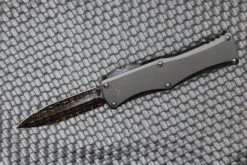 Marfione Hera D/E Spike Grind Hot Blued Vegas Forge Reptilian Pattern Damascus & Black Anodized Handle W/ Zircuti Button & Pocket Clip & DLC Two Tone Hardware