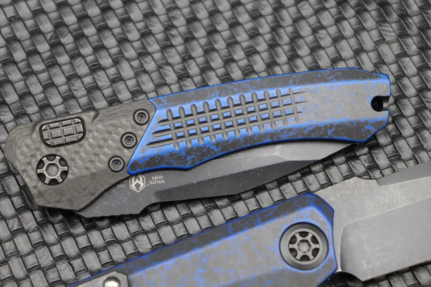 Heretic Knives Wraith Auto Battleworn Black Tanto W/ Carbon Fiber Bolster & Breakthrough Blue Handle DLC H100-8A-BRKBLU 6 Heretic Knives Wraith Auto Battleworn Black Tanto W/ Carbon Fiber Bolster & Breakthrough Blue Handle DLC H100-8A-BRKBLU - Image 6