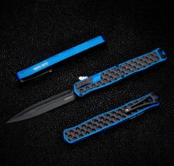 Heretic Knives Cleric II 2 Black Double Edge Magnacut W/ Blue & Black Stainless Bubble Inlays
