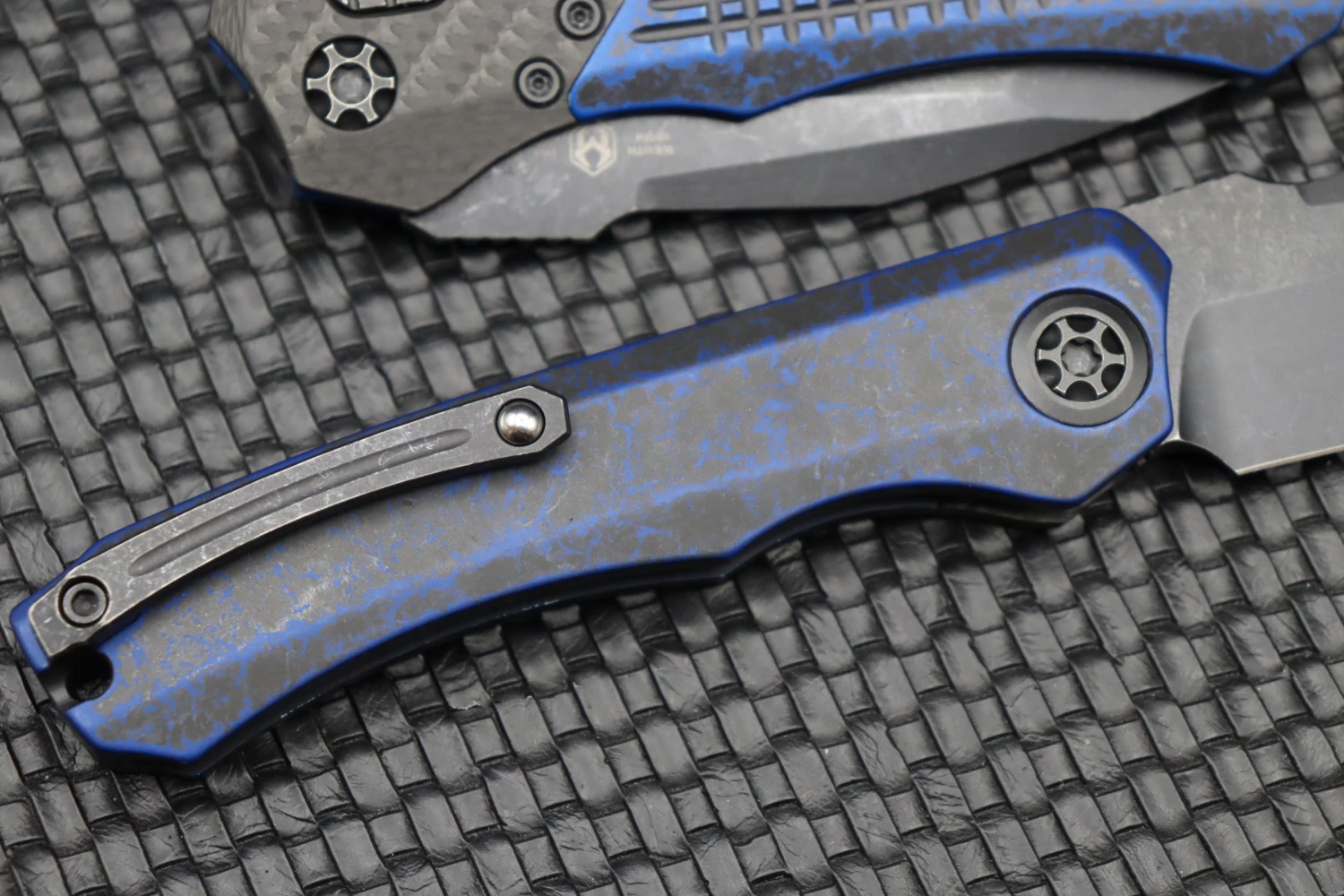 Heretic Knives Wraith Auto Battleworn Black Tanto W/ Carbon Fiber Bolster & Breakthrough Blue Handle DLC H100-8A-BRKBLU 8 Heretic Knives Wraith Auto Battleworn Black Tanto W/ Carbon Fiber Bolster & Breakthrough Blue Handle DLC H100-8A-BRKBLU - Image 8