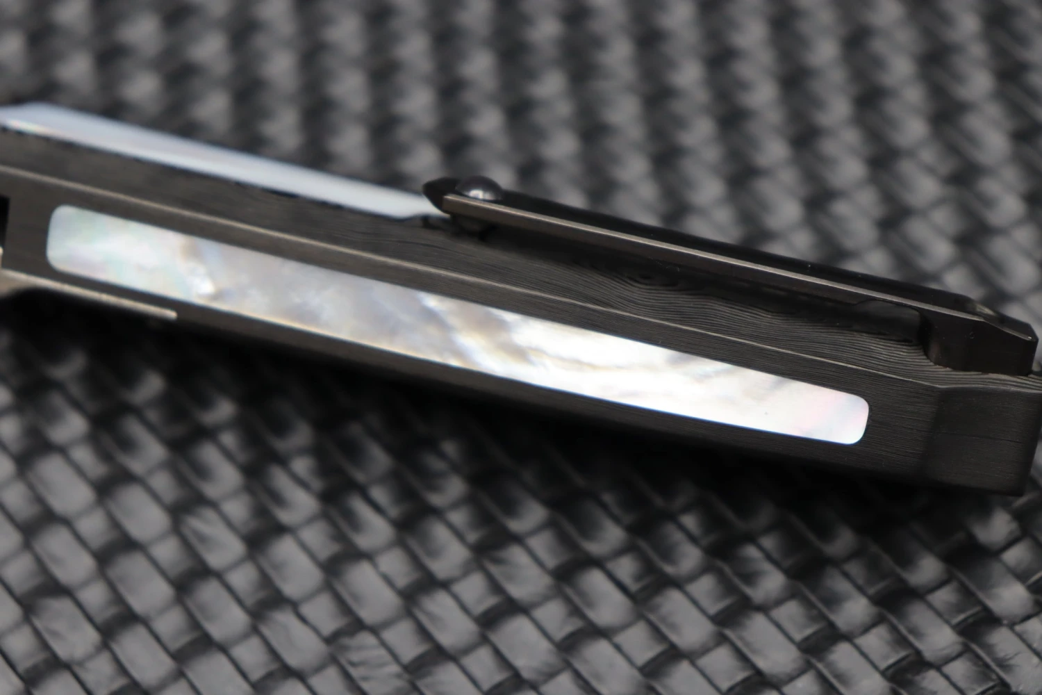 Heretic Knives Wraith Auto W/ Black Dunes Fat Carbon & Mother Of Pearl Inlays & Hand Ground Vegas Forge Damascus 9 Heretic Knives Wraith Auto W/ Black Dunes Fat Carbon & Mother Of Pearl Inlays & Hand Ground Vegas Forge Damascus - Image 9