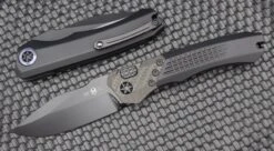 Heretic Knives Wraith Auto Black Drop Point W/ Carbon Fiber Bolster & Black Handle W/ Blue Pivot Collar H000-4A-T