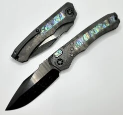 Heretic Knives Wraith Auto S/N 003 W/ Black Dunes Fat Carbon & Abalone Inlays W/ Hand Ground Cracked Ice DLC Elmax Blade