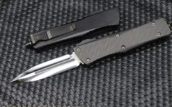 Marfione Custom Knives Combat Troodon D/E Mirror Polish W/ Carbon Fiber Inlays & Carbon Fiber Top/Button W/ Hefted Black Handle & DLC Ringed Hardware
