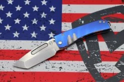 Medford Midi Marauder S35 Tumbled Tanto & Blue Handles W/ Brushed Silver Grooves/Scallops/Perimeters