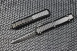 Microtech Makora Shadow DLC D/E Full Serrated W/ DLC Hardware Nickel Boron Internals & Carbon Fiber Inlays 206-3DLCTCFISH