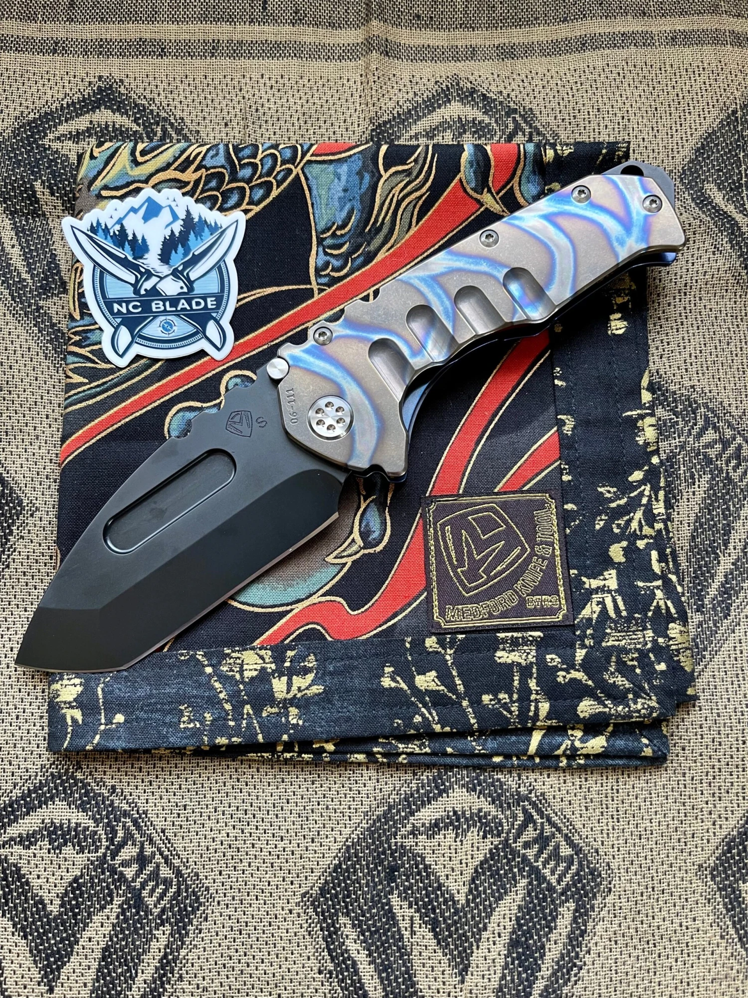Medford Knife Praetorian T Flamed & Blue With S35 Tanto 104-042 1 Medford Knife Praetorian T Flamed & Blue With S35 Tanto 104-042