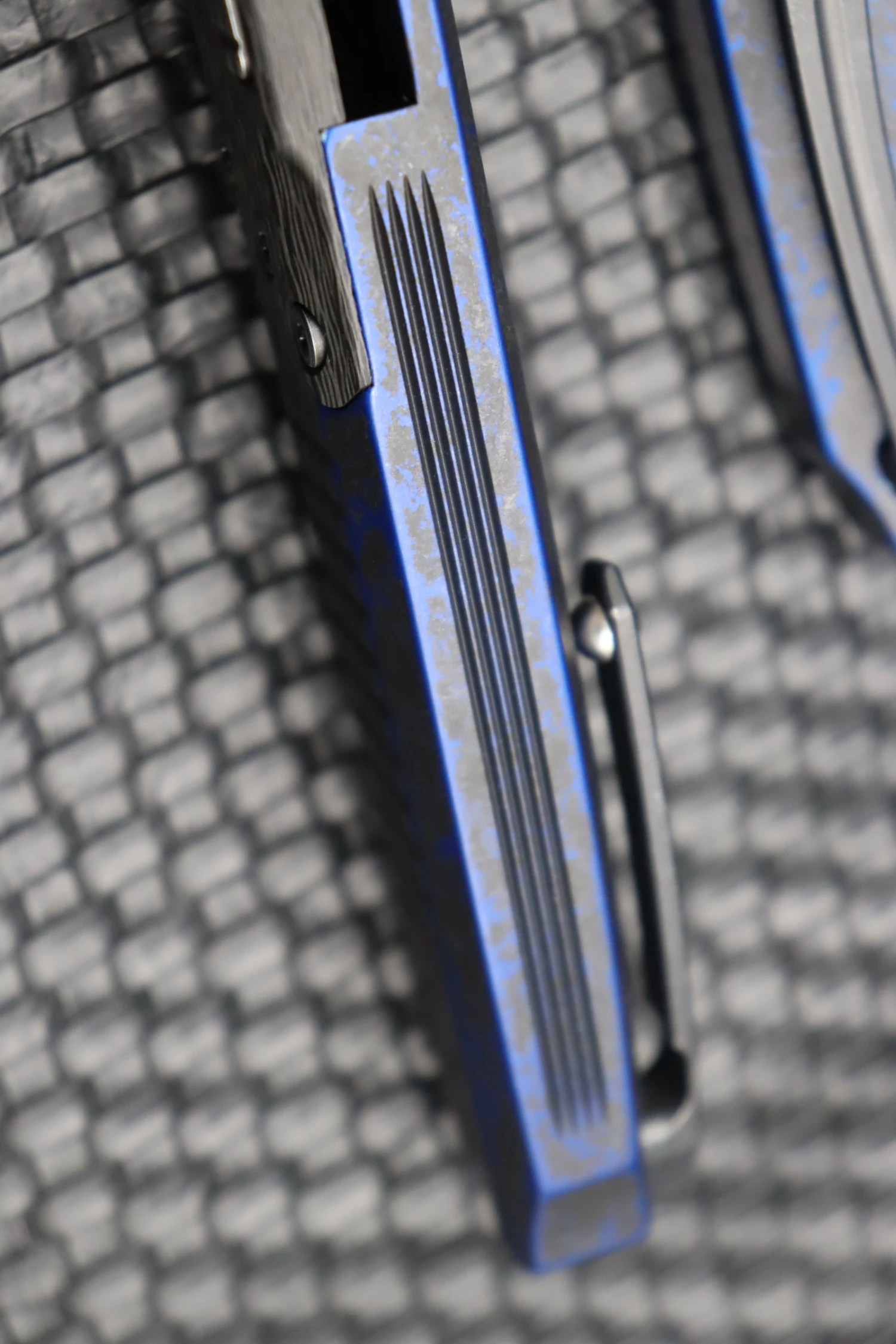 Heretic Knives Wraith Auto Battleworn Black Tanto W/ Carbon Fiber Bolster & Breakthrough Blue Handle DLC H100-8A-BRKBLU 11 Heretic Knives Wraith Auto Battleworn Black Tanto W/ Carbon Fiber Bolster & Breakthrough Blue Handle DLC H100-8A-BRKBLU - Image 11